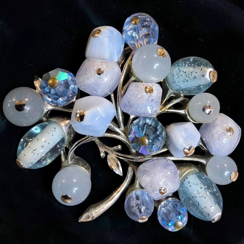 Vintage Coro 1950s Blue Moonglow Lucite Glass Berry Cluster Brooch